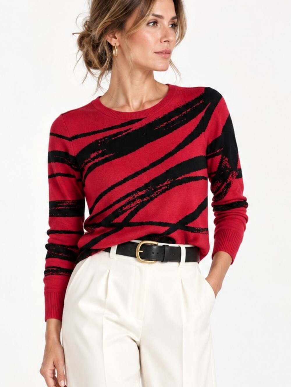 Chicos Sweater Red Black Swirl Soft Pullover NWT